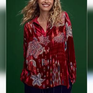 Johnny Was Red Feather Burnoit Mara Velvet Embroidered Long Sleeve Top